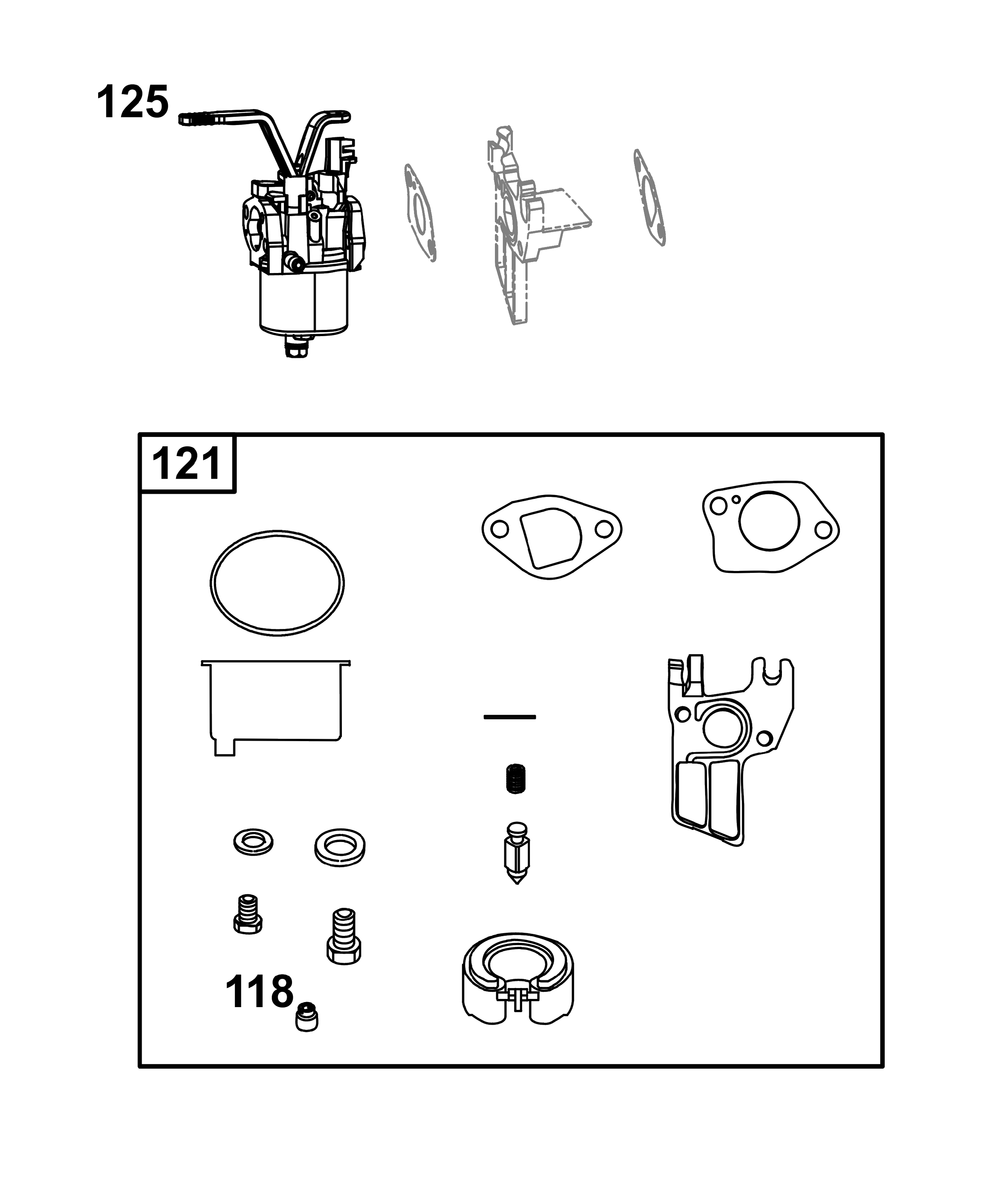 Carburetor Group Diagram and Parts List for 12G032-0010-G1 100000 - 19Z999 Briggs and Stratton Engine